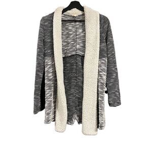 En Crème | Marled Open Front Cardigan Sweater Black White Sherpa Vegan Lambs Woo